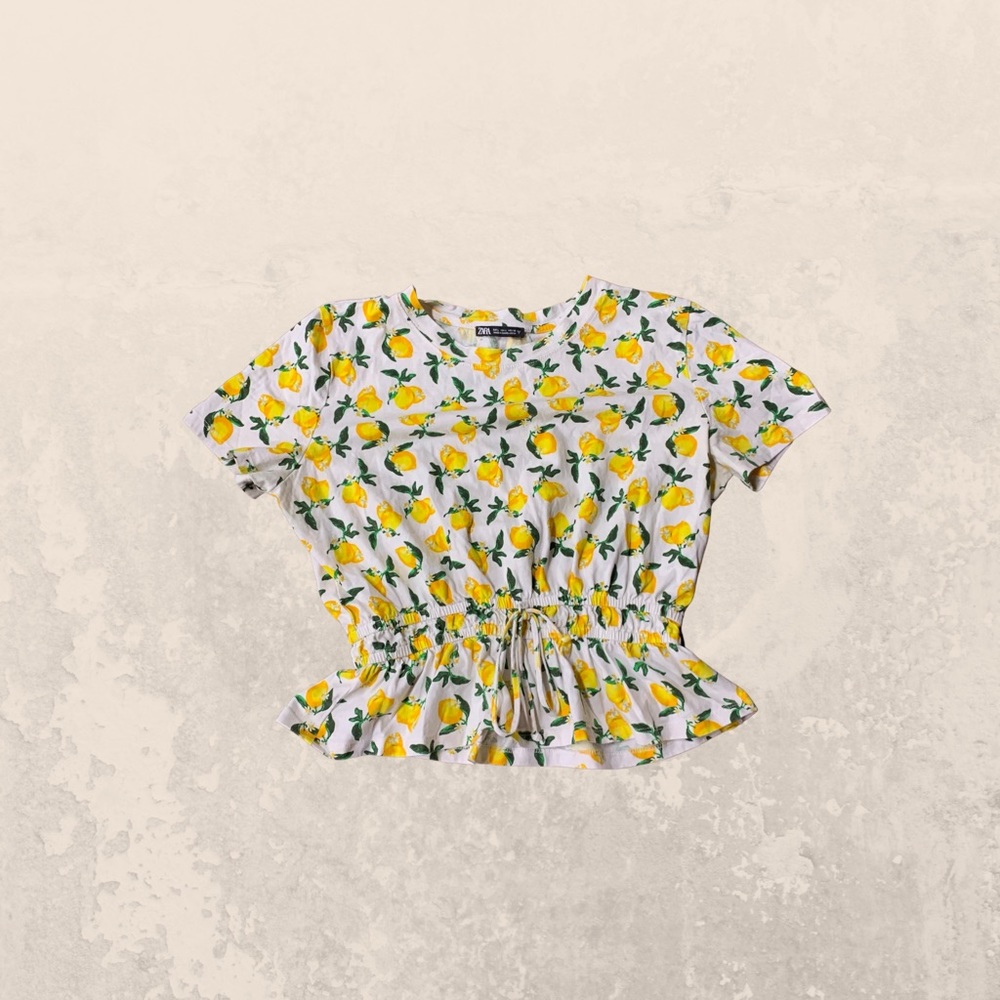 Zara cropped lemon print shirt with adjustable tie